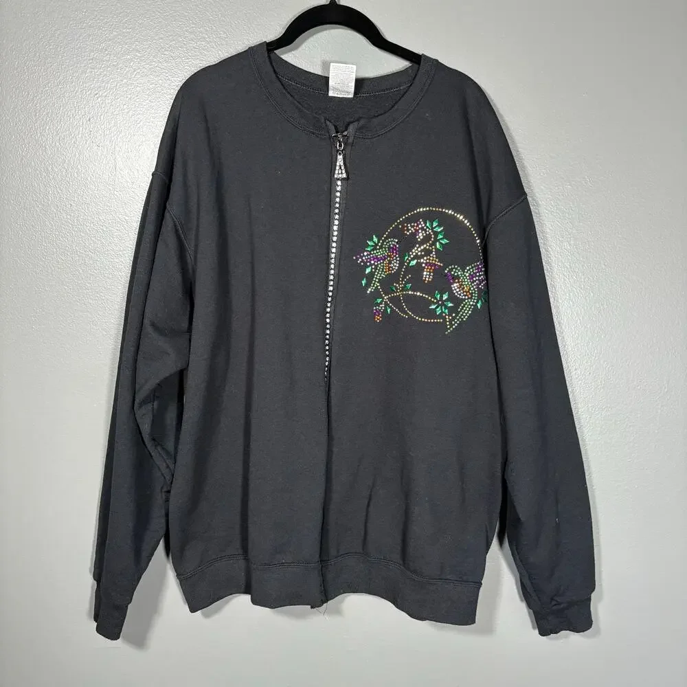 Women's Black Rhinestone Hummingbird Zip Up Fleece Jacket Sweatshirt - Size XL